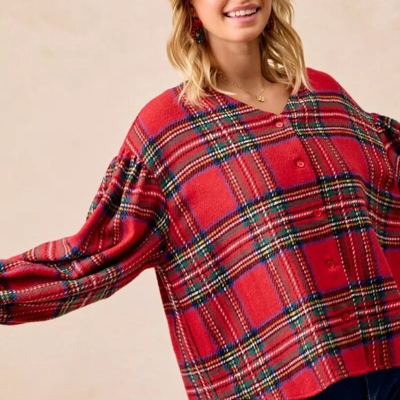 BiBi Christmas Plaid V-Neck Flounce Sleeve Jacket - Picture 3 of 15